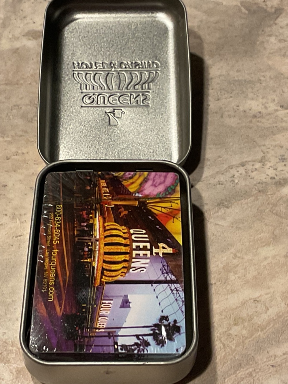 Vintage 4 Queens Hotel & Casino Tin with deck of cards Unused - Picture 3 of 6